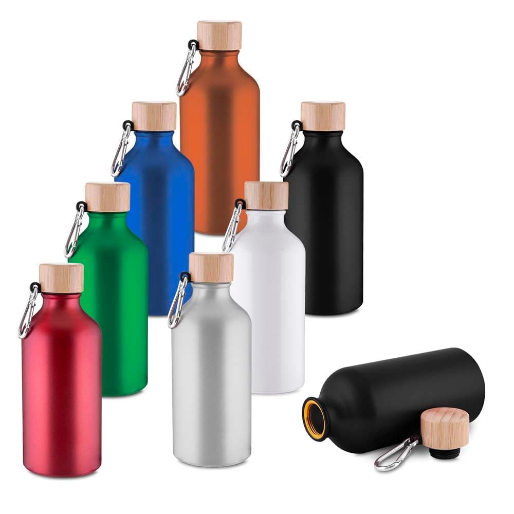 Garrafa de Alumínio Reciclado 550 ml com Tampa de Bambu e Mosquetão Personalizada