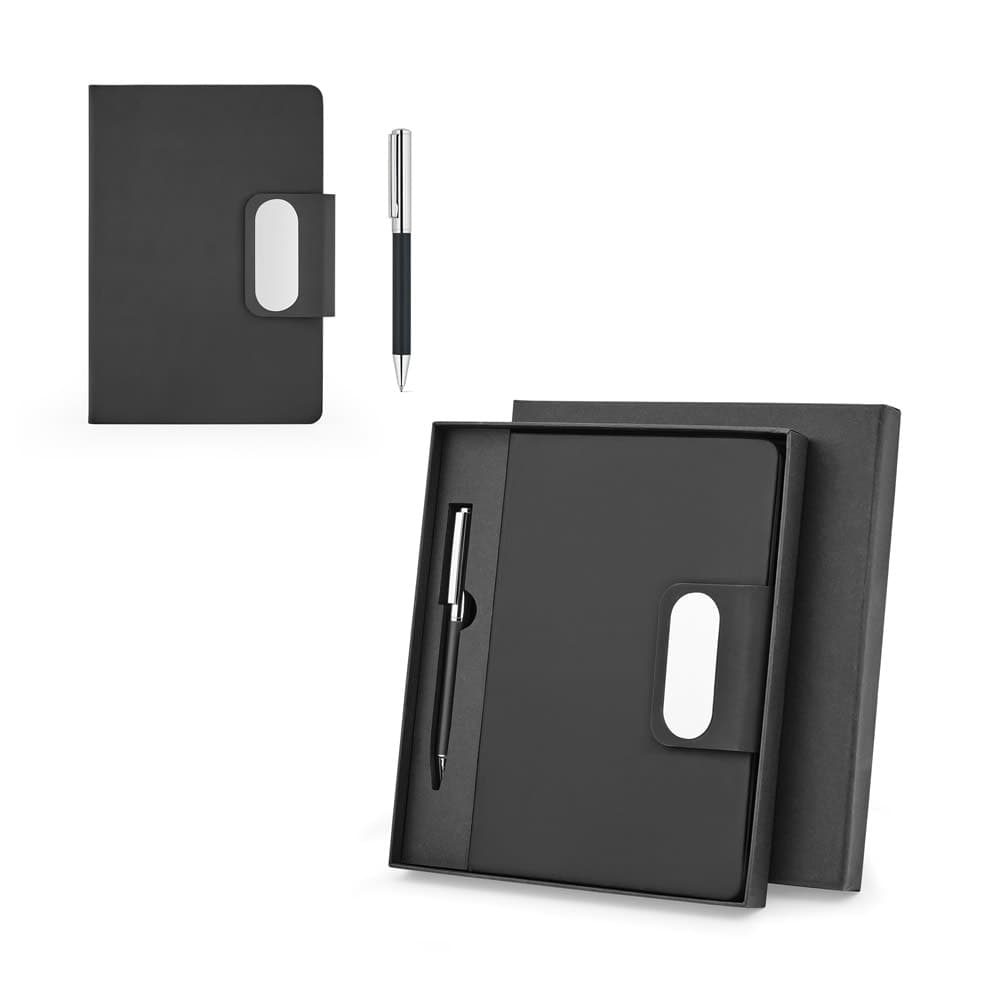 Conjunto composto por 1 caneta esferografica e 1 caderno, em PU e aco inox
